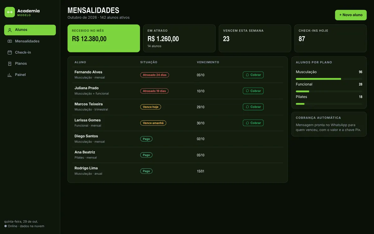 Escuro, menu na lateral · no computador