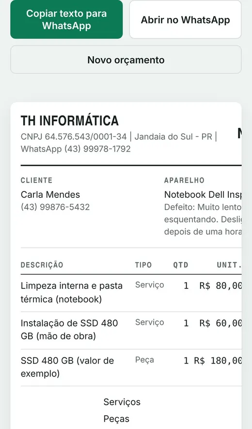 Orçamento no celular