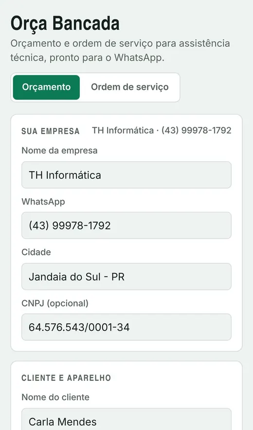 Dados da empresa no celular