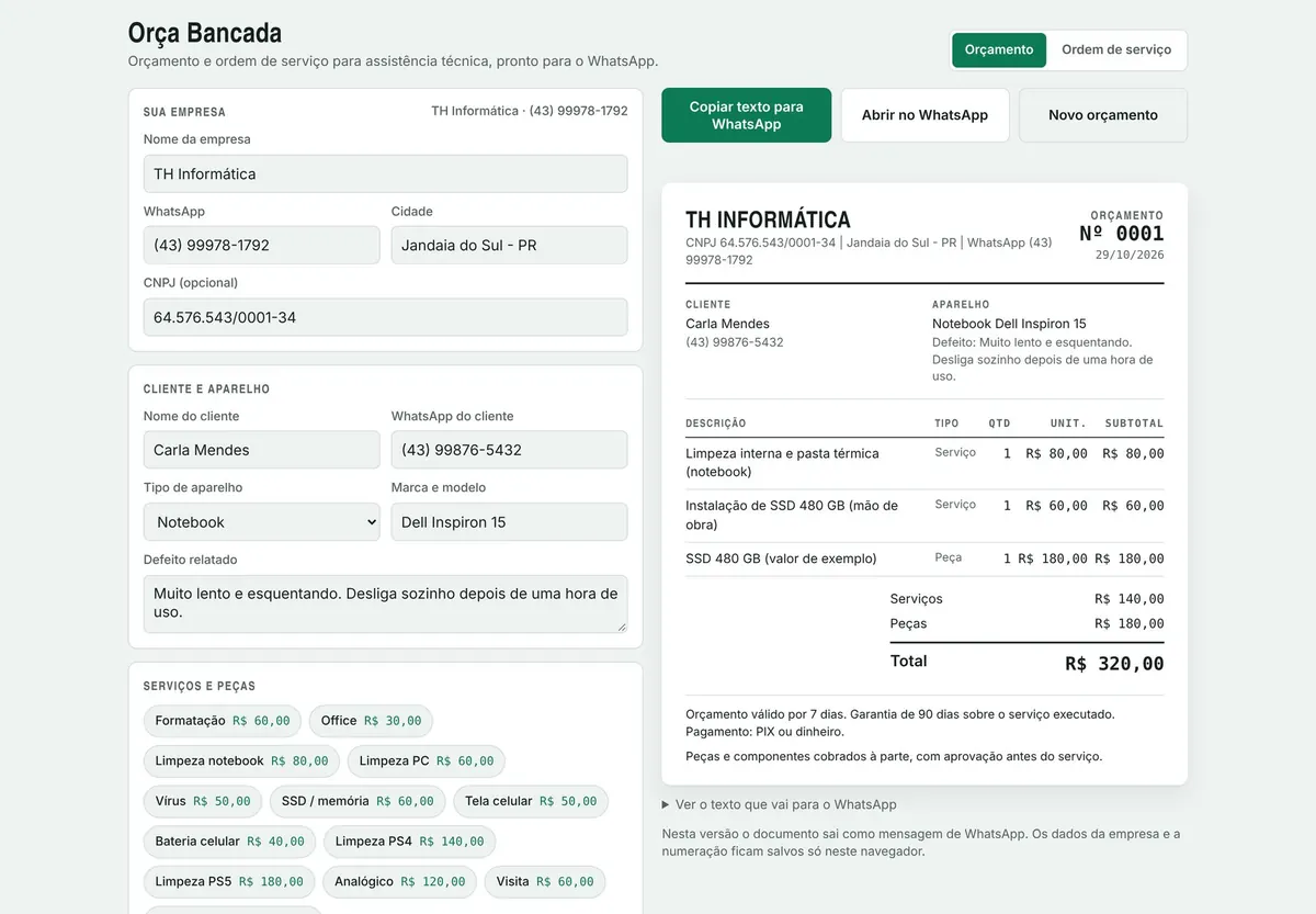 Orça Bancada no computador