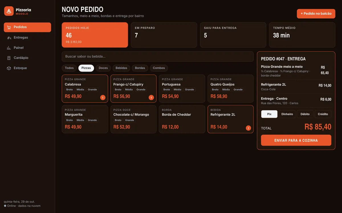 Escuro, menu na lateral · no computador