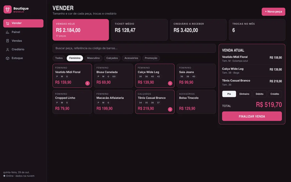 Escuro, menu na lateral · no computador